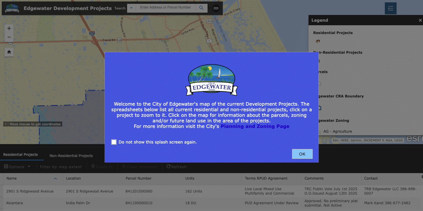 Edgewater Development Projects map with project details overlay