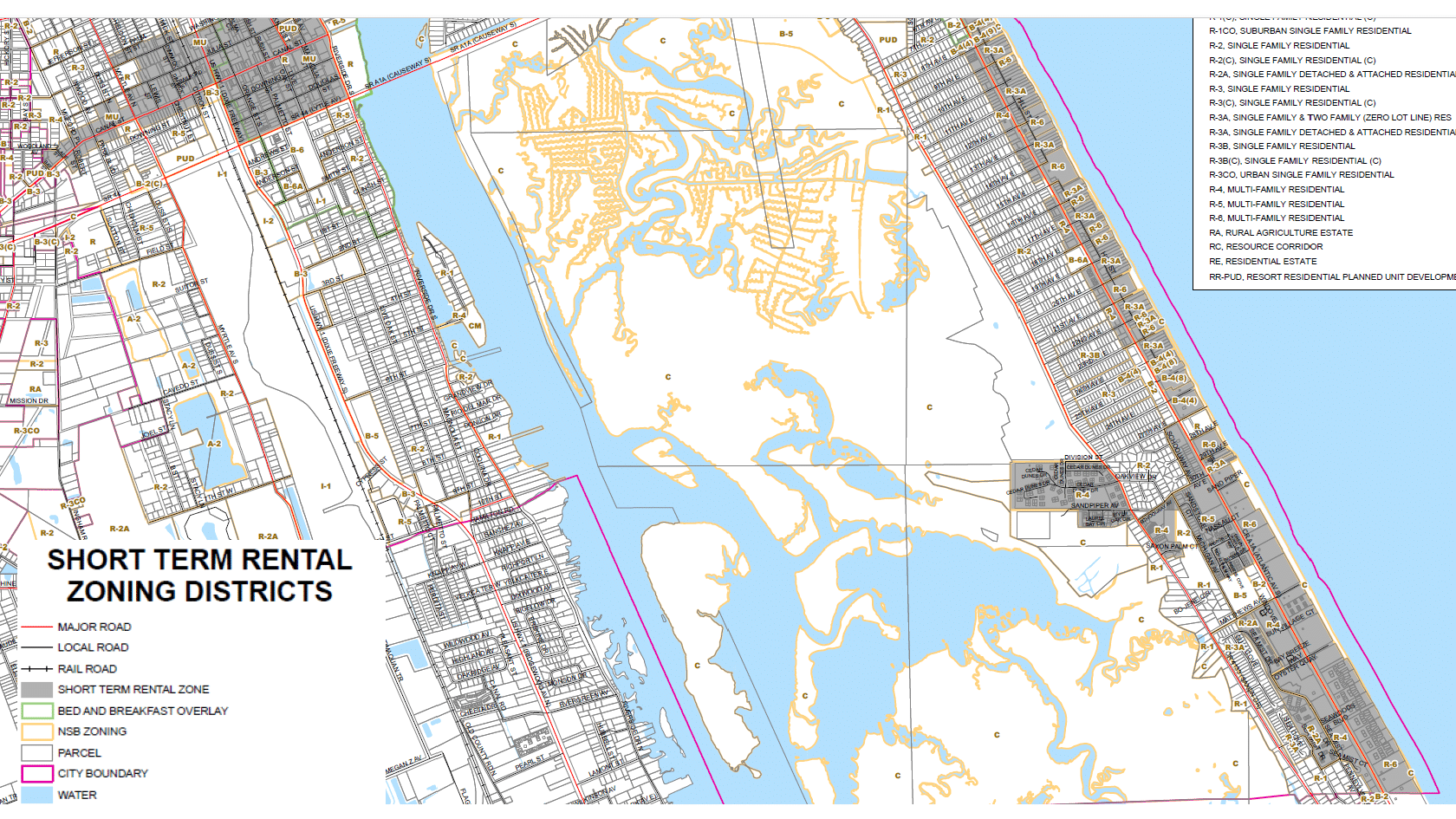 Zoning map showing short-term rental districts, roads, and water bodies.