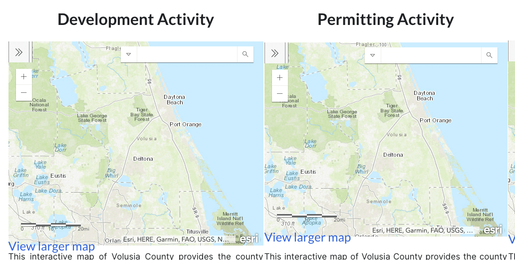 Two maps of Volusia County, Florida, showing development and permitting activity.